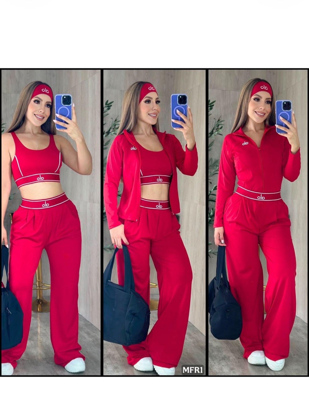 ALO Yoga Red Womenโs 3-Piece Lounge Set with Headband One SIze